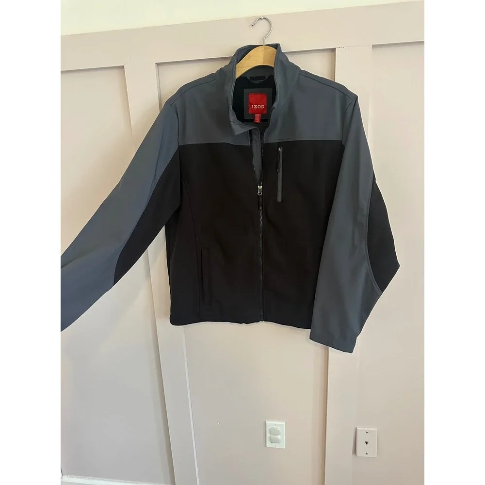 IZOD Mens Softshell Jacket XL Black Gray Full Zip Mock Neck Fleece Lined Coat